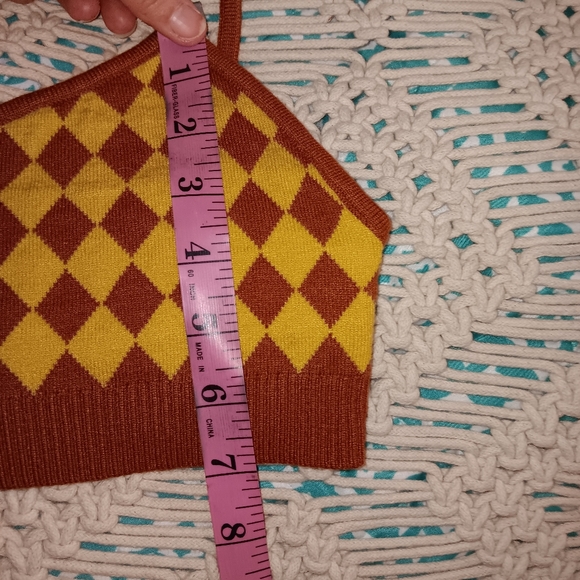 Cider~Houndstooth Checkered Crop Top Retro 90's Inspired Mustard Yellow Brown - Picture 6 of 15